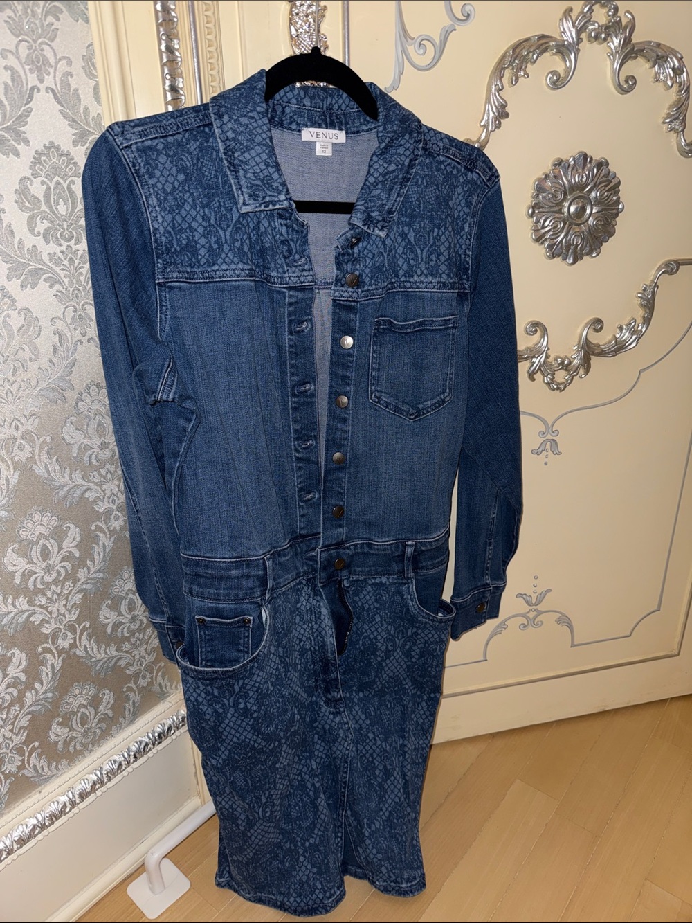 VENUS Dark Blue Denim Mini Dress with Subtle Pattern